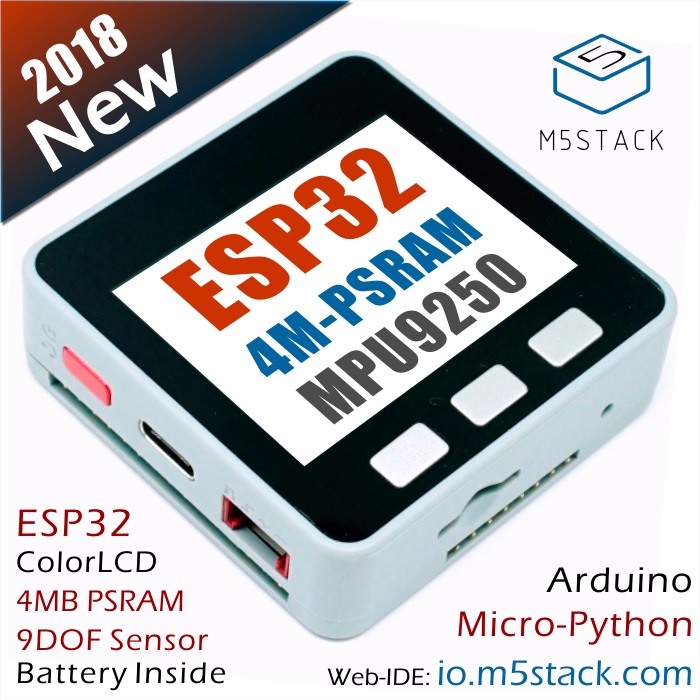 M5Stack NEWEST! 4M-PSRAM ESP32 Development Board with MPU9250 9DOF Sensor Color LCD for Arduino Micropython with 150mAh Battery