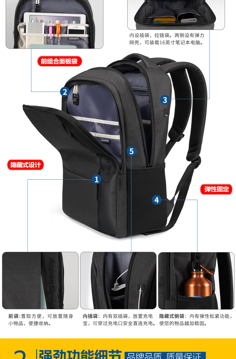 AspenSport Backpack Laptop กระเป๋าสะพายหลัง กระเป๋าโน๊ตบุ๊ค 14-16 นิ้ว กระเป๋าเดินทาง รุ่น AS-B96 ขนาด สีดำ