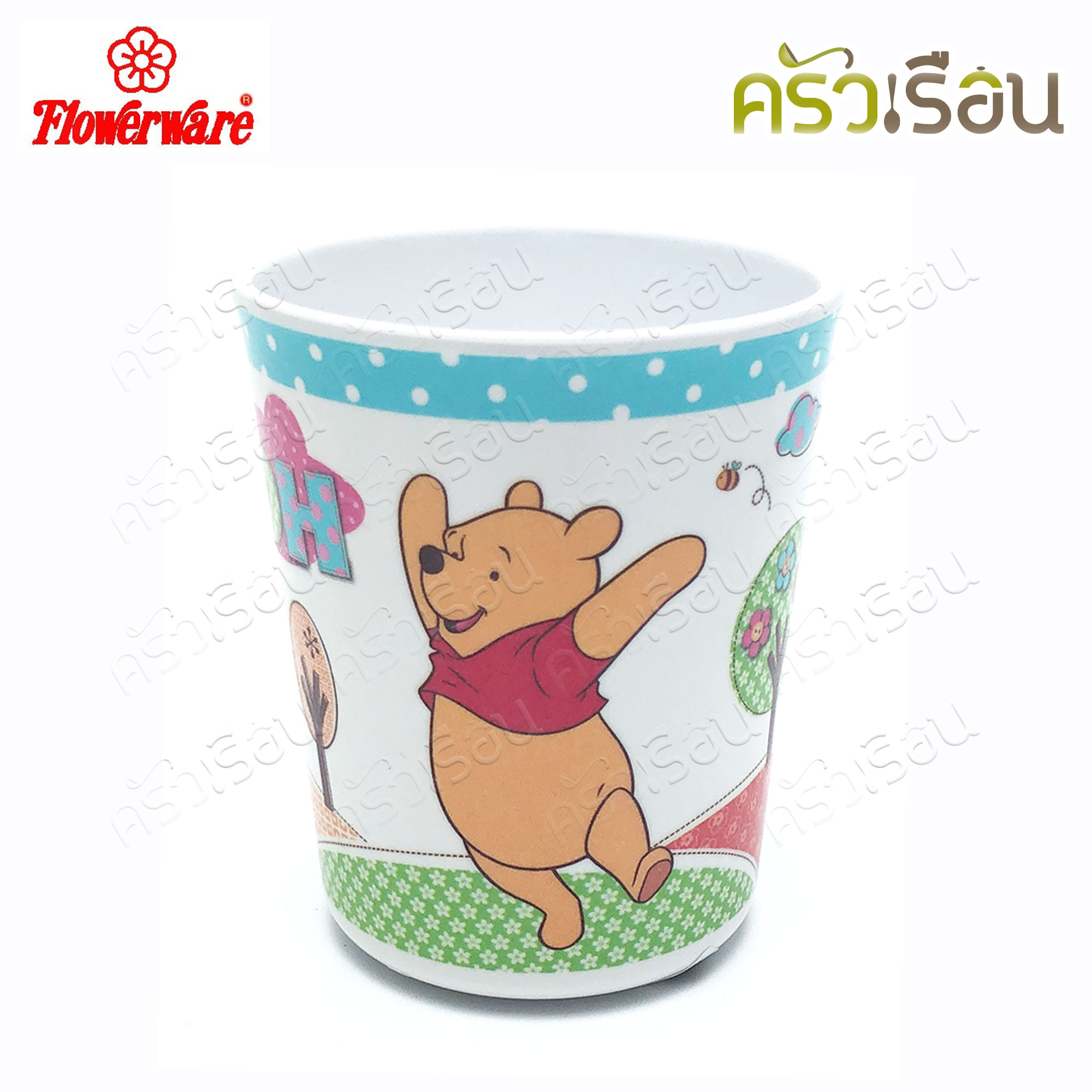 Flowerware ลาย Pooh Blue Spot white หมีพูห์ พูห์ บลู สปอต ไวท์ [ ราคาต่อชิ้น ] ชาม หรือ แก้วน้ำ หรือ ถาดหลุม เมลามีน