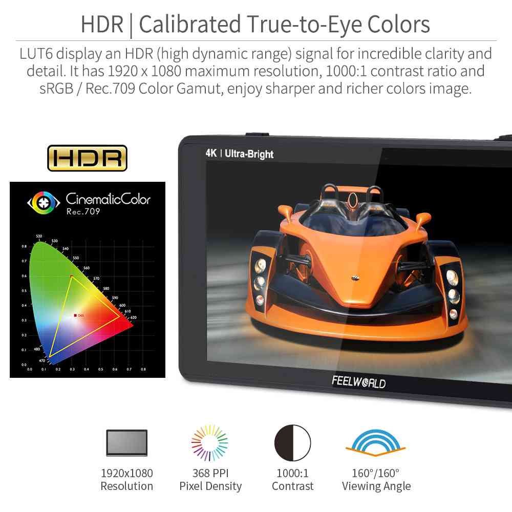 FEELWORLD LUT6S: จอภาพ 6 นิ้ว 2600nits HDR / 3D LUT หน้าจอสัมผัสสำหรับกล้อง DSLR Field Monitor 3G-SDI 4K HDMI