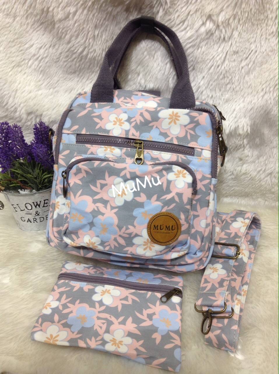 กระเป๋าเป้ผ้าสะพายหลัง mumu ขนาด Mini ลายดอกไม้ชมพูน้ำเงินเทา