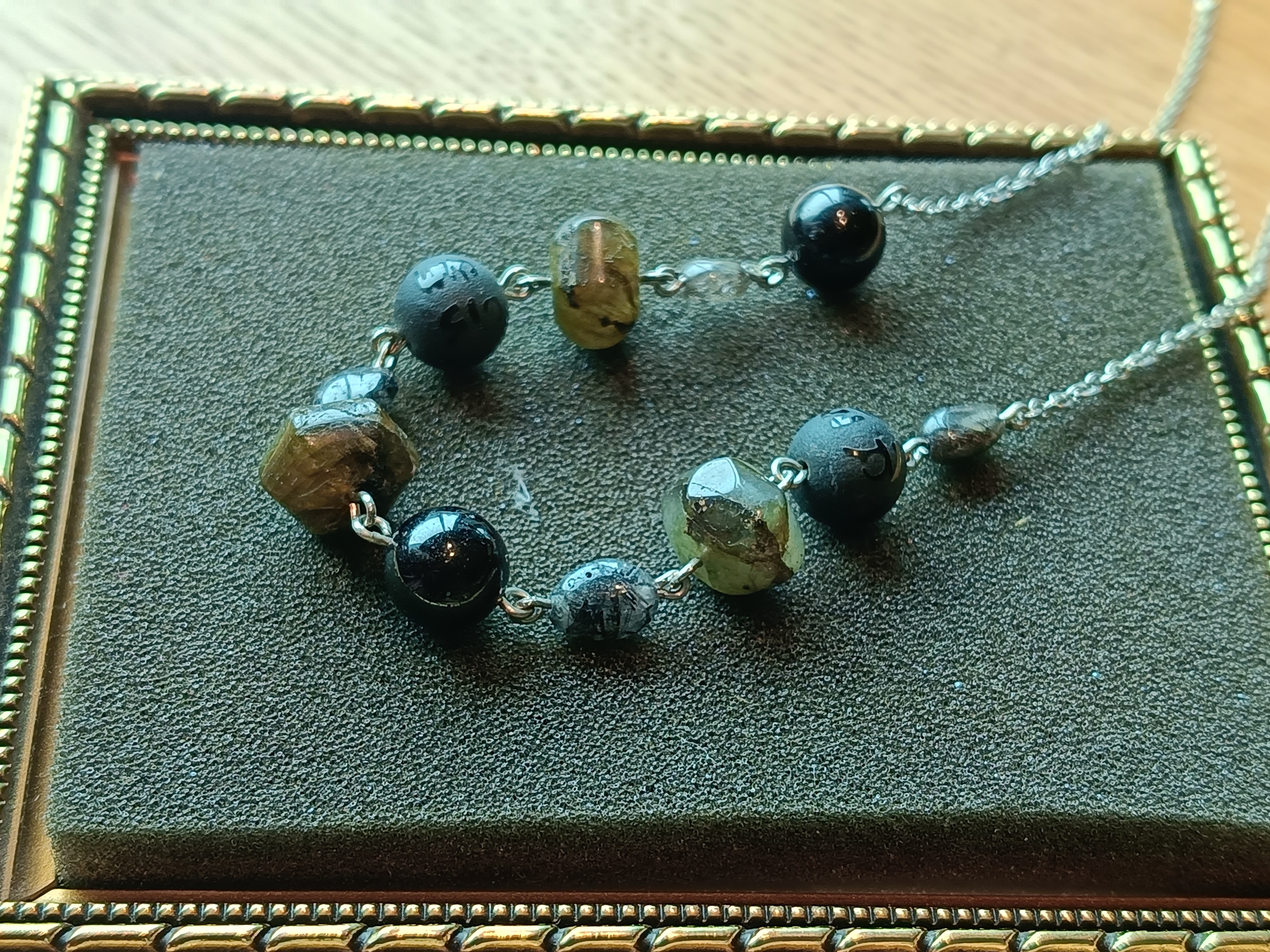 สร้อยคอหินแท้ "Connected" Purify & Protect Energy Necklace (Labradorite ,Black Obsidian ,แก้วขนเหล็ก)