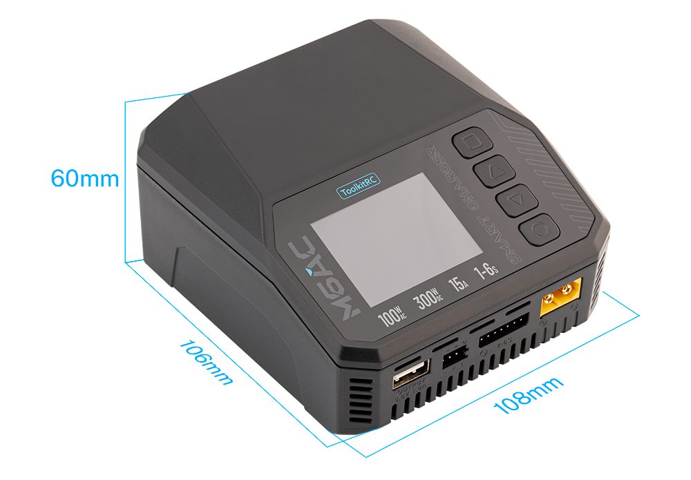 ToolkitRC M6AC 300W 15A Dual Input Multi-function Battery Charger IPS LCD Display For 1-6S Lipo LiHV LiFe, 1-16S NiMH