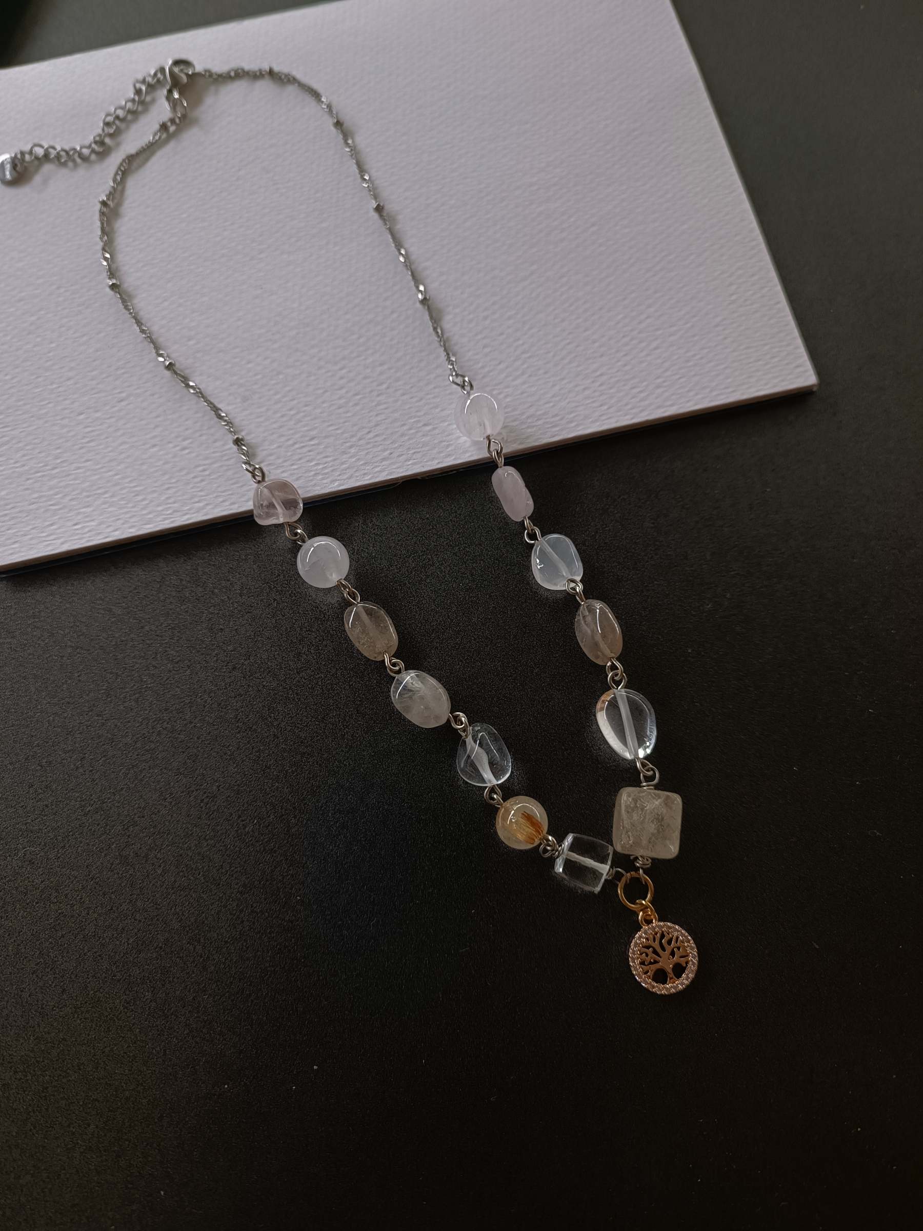 สร้อยคอหินแท้ "Jupiter" Abundance Necklace (ไหมทอง ,Smoky Quartz ,Clear Quartz)