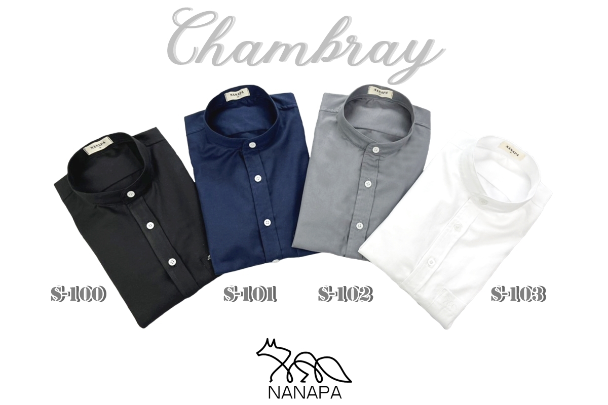 เสื้อเชิ้ตคอจีน แขนสั้น ผ้าคอตตอนChambray