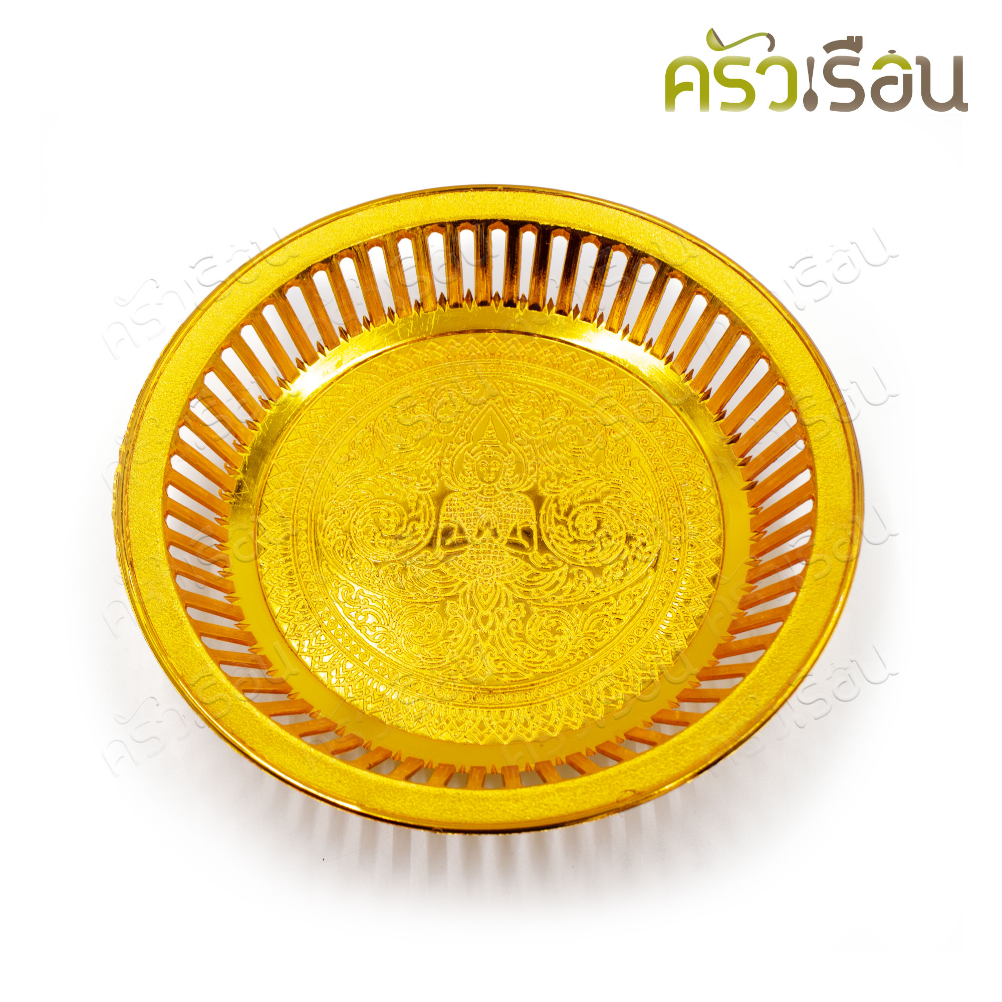Home brand Plastic round tray, gold color, 24 cm. Rattanakosin worship tray, Thai pattern tray