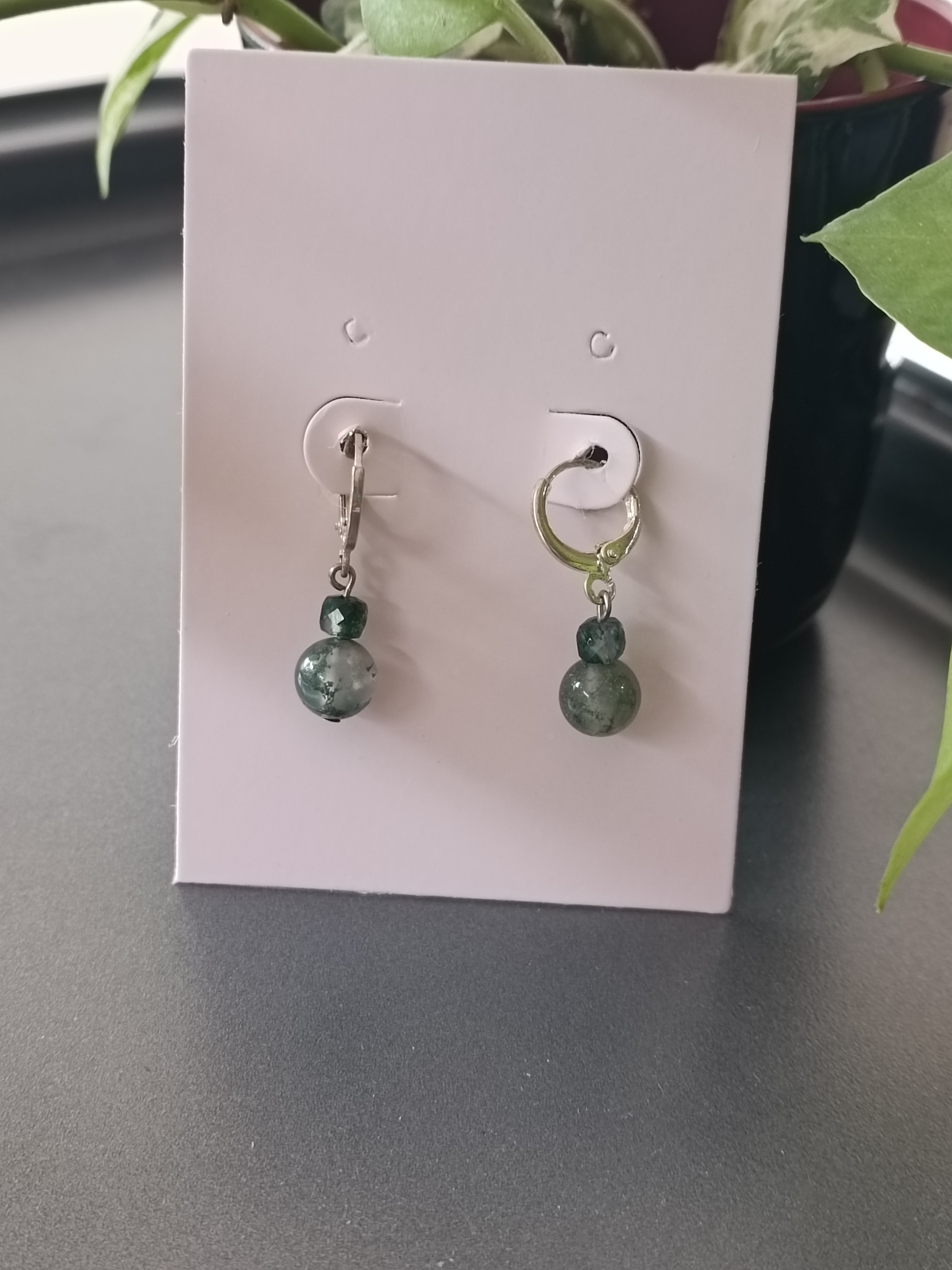 "Silver Hoop" ต่างหูเงินแท้92.5 ประดับ Moss Agate Earring,(สุขภาพแข็งแรง)