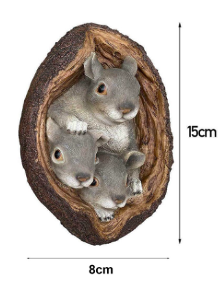 ตุ๊กตาแต่งสวน ตุ๊กตาติดต้นไม้ ครอบครัวกระรอกเทา กระรอกน้อย ทำรังบนต้นไม้