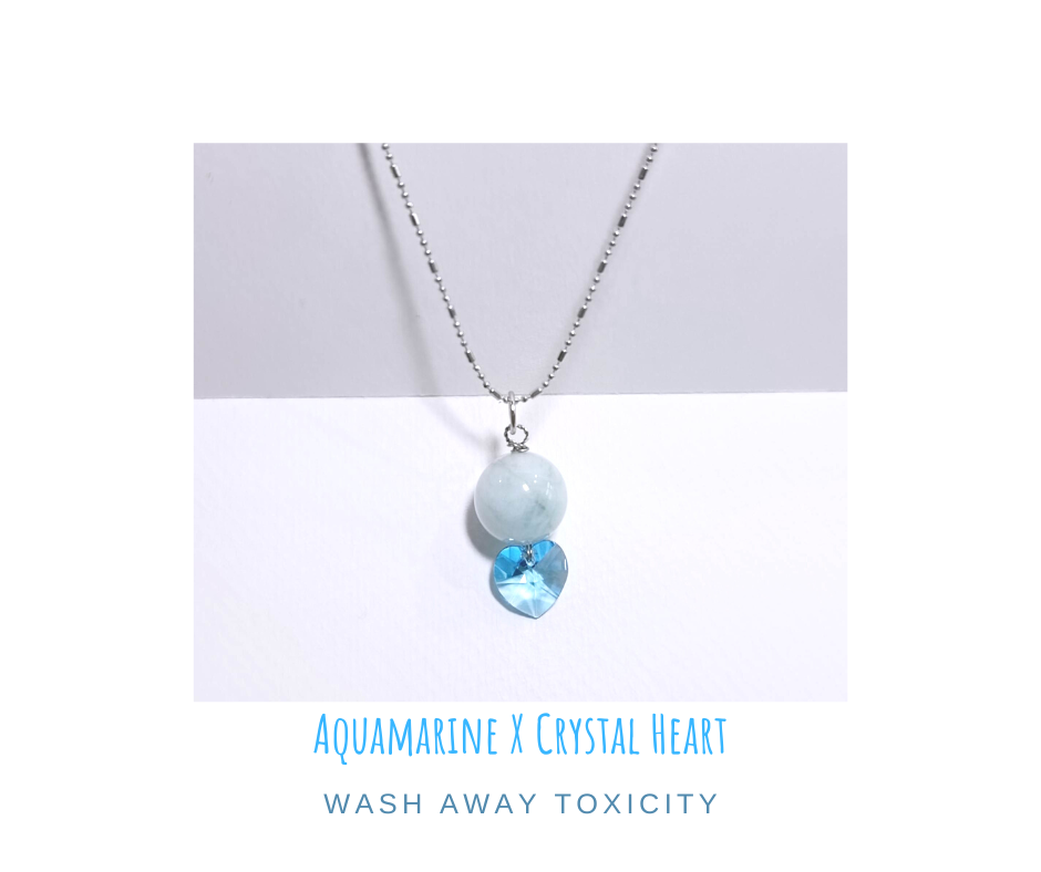 จี้พร้อมสร้อย หินแท้ Aquamarine + Crystal Heart Necklace (เสริมการสื่อสาร ความใจเย็น)