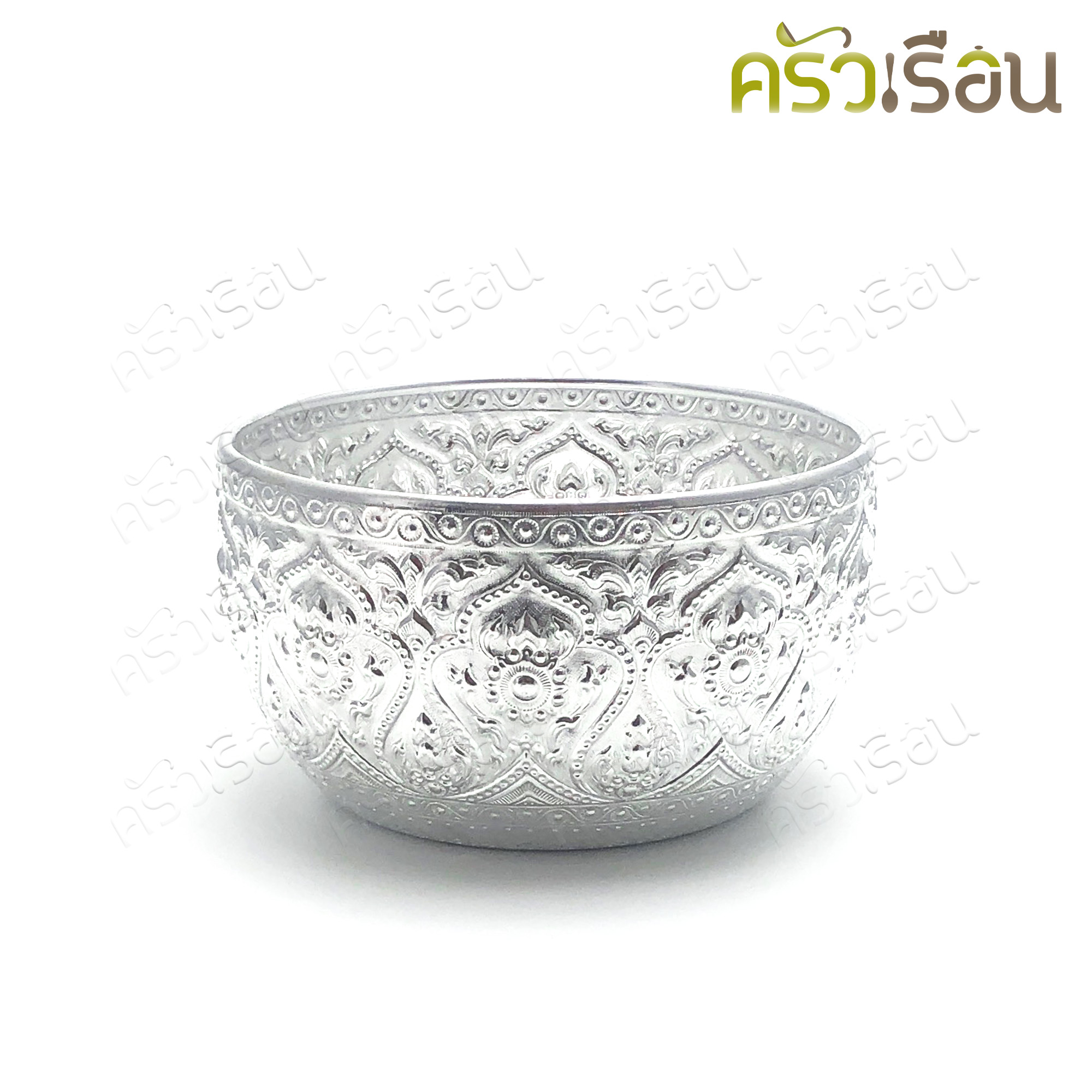 Aluminium Thai style water bowl with standing tray and Thai style Ladle, silver, top dimension 20 cm. ได้ทัพพีด้วย