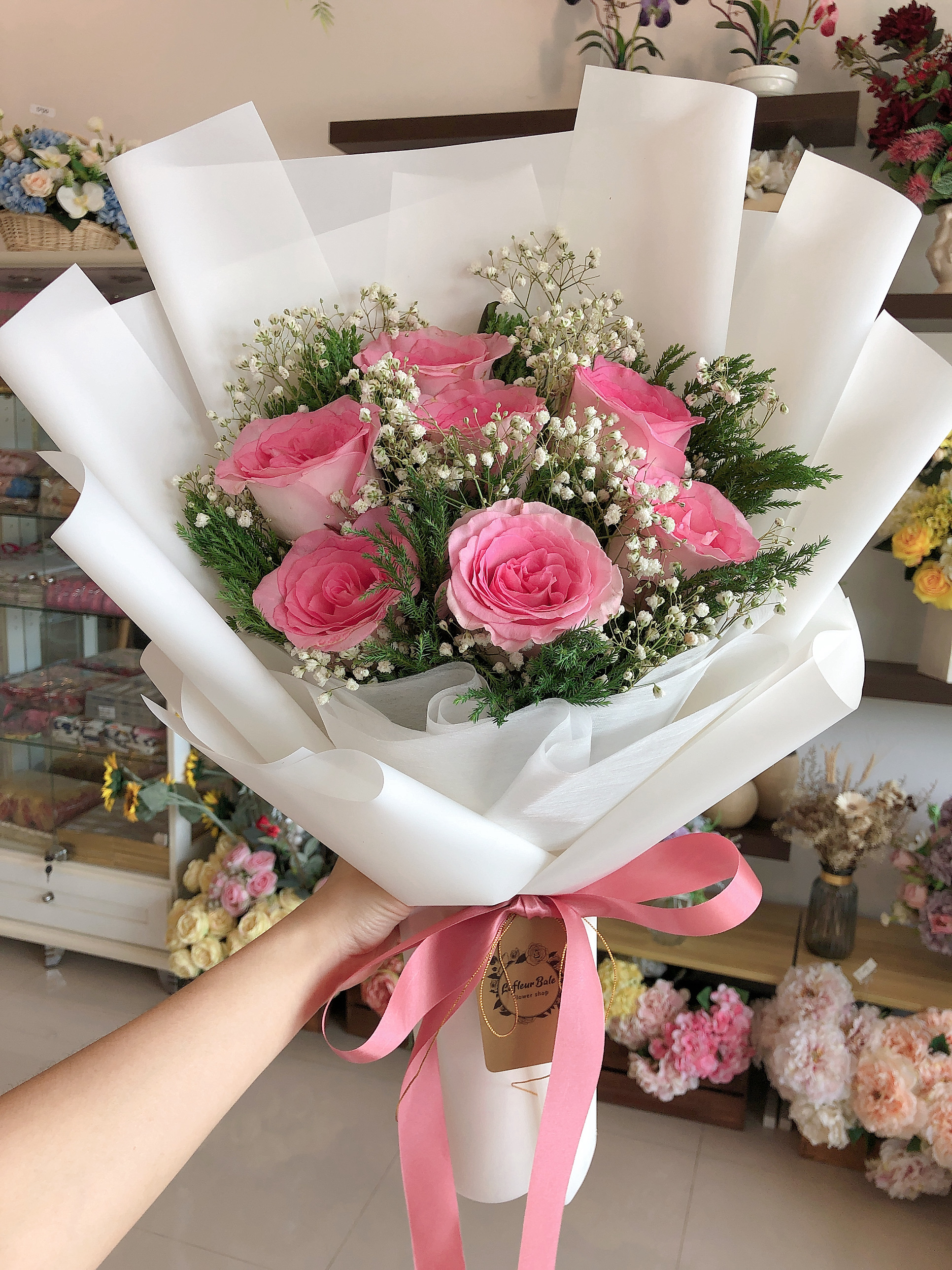 ช่อกุหลาบชมพู 7 ดอก