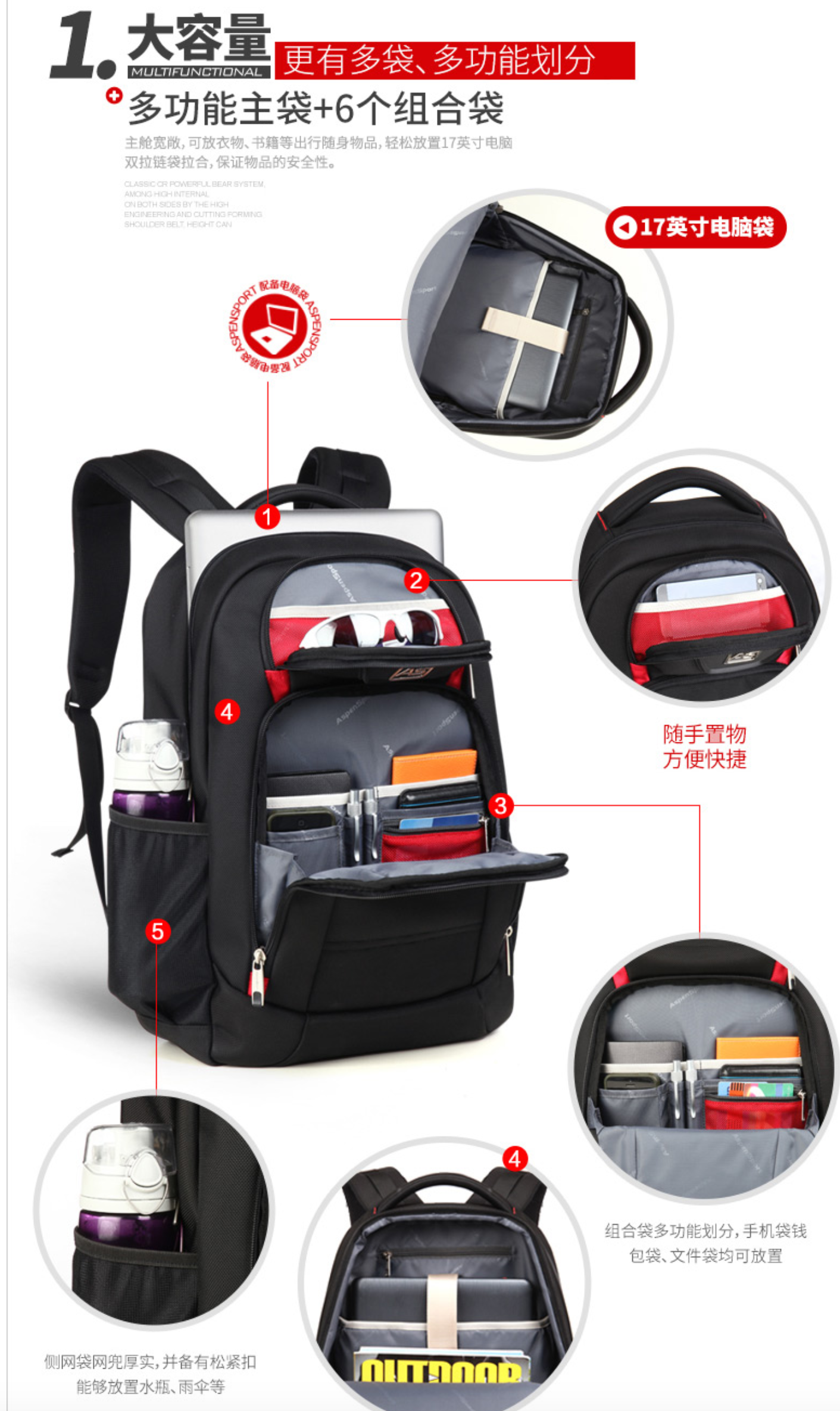 Aspensport กระเป๋าเป้ สะพายหลัง ชาย หญิง Laptop 15-16 นิ้ว รุ่น AS-B22 สีเทา แดง