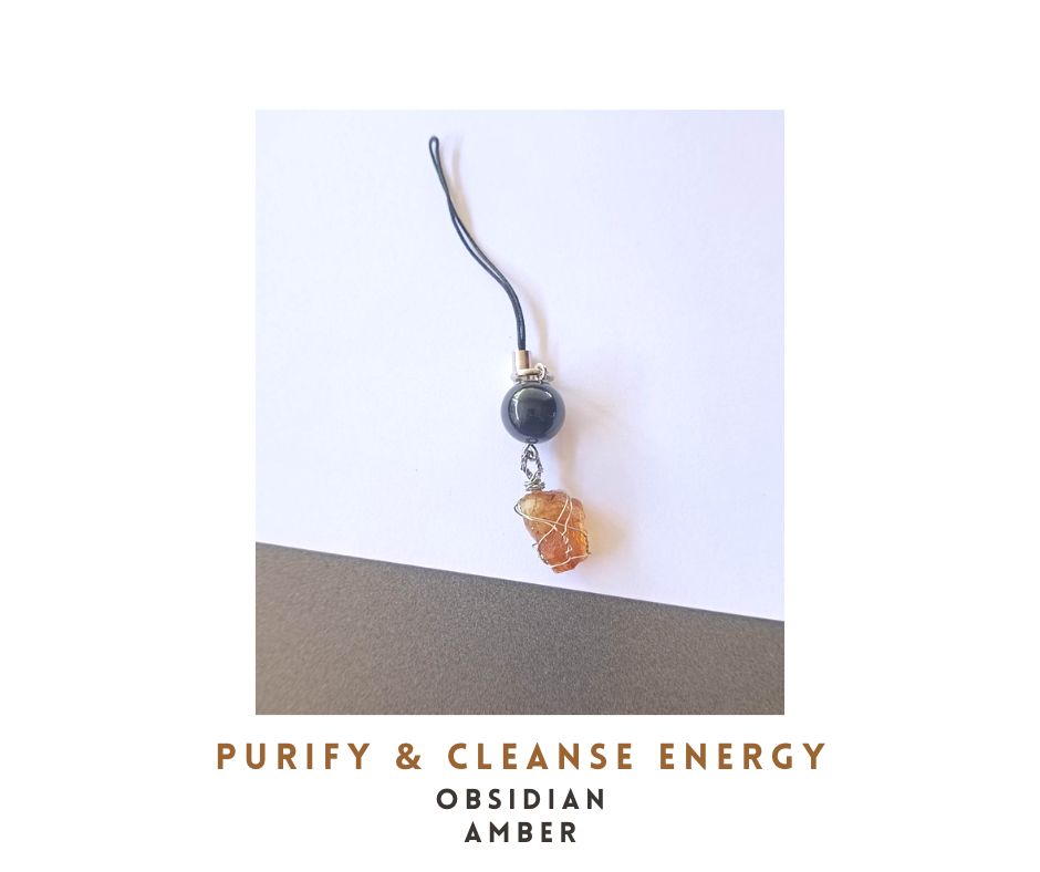 Keychain สายคล้อง ประดับหินแท้ Obsidian + Amber อำพัน พกไว้เสริมมงคล ปกป้อง คุ้มครอง