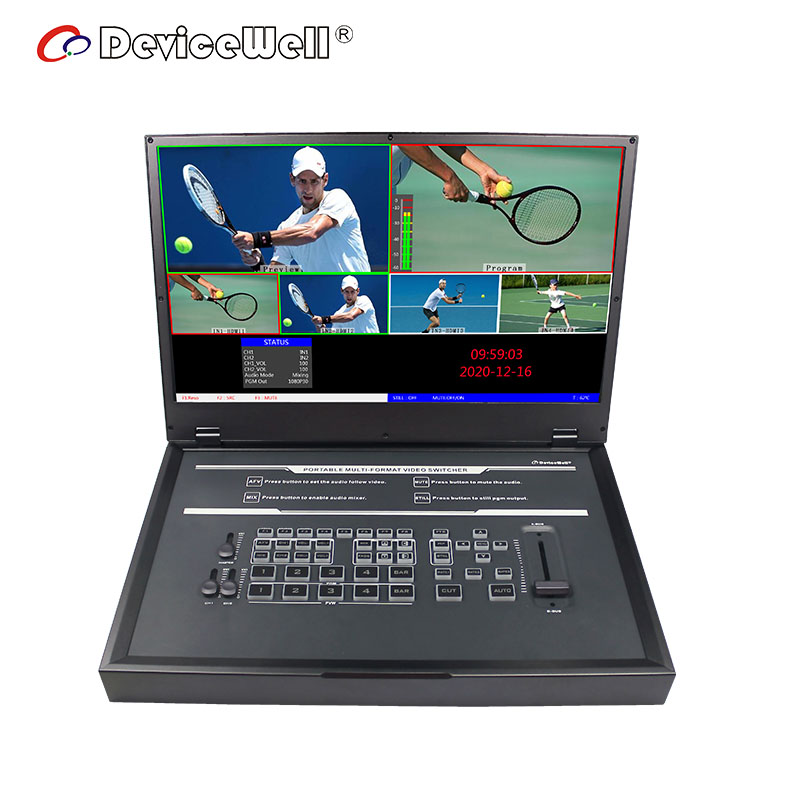 DeviceWell HDS9135: เครื่องสลับสัญญาณวิดีโอ 5 ช่อง พร้อมจอภาพในตัว 15.6 นิ้ว, T-Bar, Audio Faders และฟังก์ชันครบครันสำหรับการผลิต Live สด