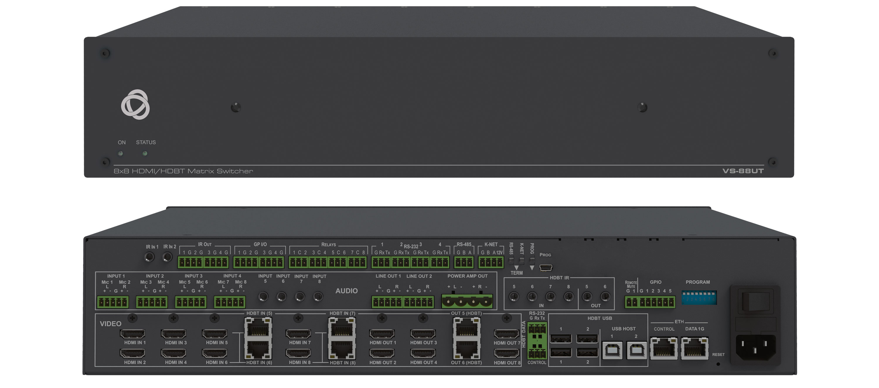 Kramer VS-88UT All–in–One Presentation System with 8x8 4K60 4:2:0 HDMI/HDBaseT 2.0 Matrix Switching, Master Room Controller, PoE & Power Amplifier