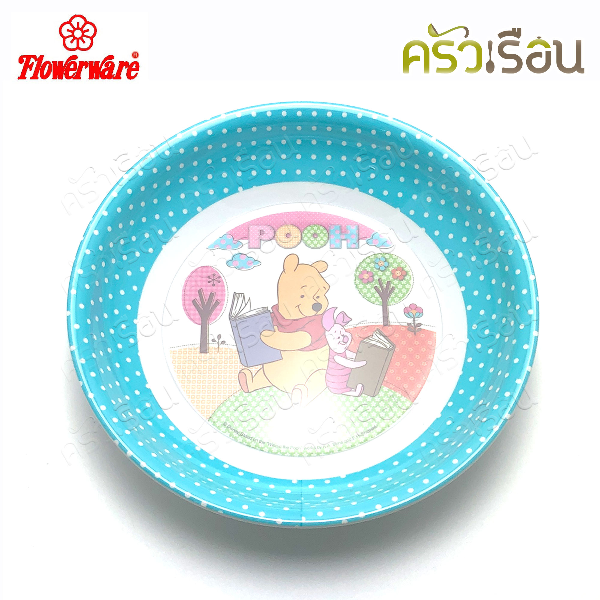 Flowerware ลาย Pooh Blue Spot white หมีพูห์ พูห์ บลู สปอต ไวท์ [ ราคาต่อชิ้น ] ชาม หรือ แก้วน้ำ หรือ ถาดหลุม เมลามีน