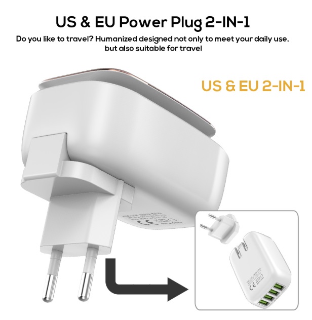 TOPK L-Power 4-Port 4.4A(Max) 22W EU USB Charger Adapter LED Lamp Auto-ID Portable Phone Travel Wall Charger for iPhone Samsung
