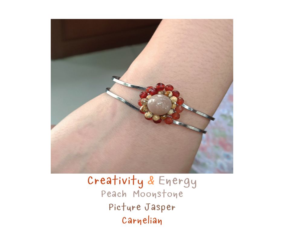 ข้อมือ"ง้าง งับ" Peach Moonstone + Carnelian + Picture Jasper Bangles (เพื่อการเริ่มต้นใหม่ และกระตุ้นความคิดสร้างสรรค์)