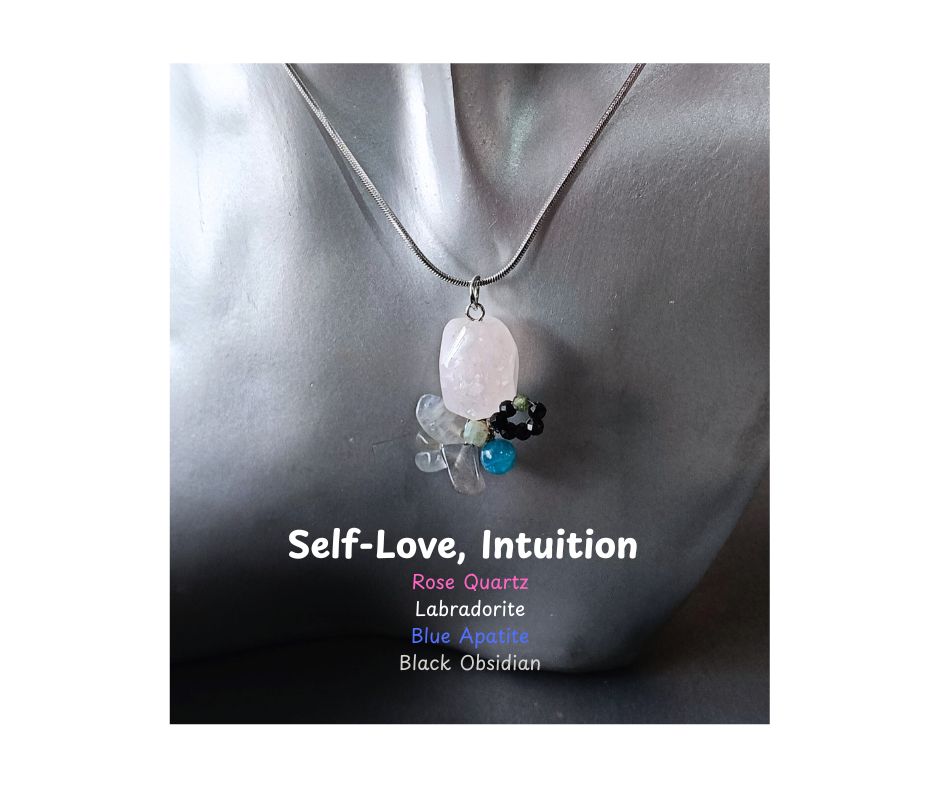 จี้พร้อมสร้อย หินแท้ Rose Quartz +Labradorite Pendant Necklace (เมตตามหานิยม เสริมการสื่อสาร เปิดตาที่ 3)