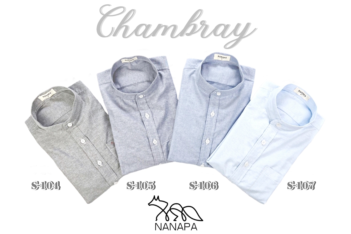 เสื้อเชิ้ตคอจีน แขนสั้น ผ้าคอตตอนChambray
