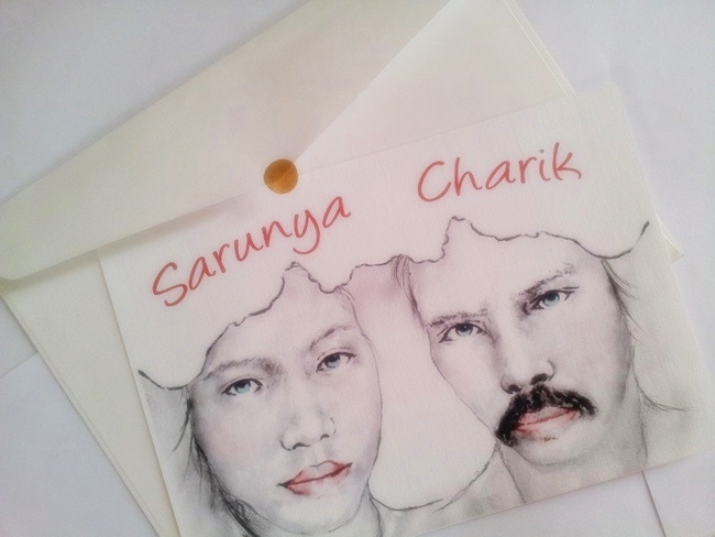 การ์ดแต่งงานรูปคู่ ลายภาพวาด โทนสีคลาสสิค ดีไซน์ไม่เหมือนใคร ออกแบบได้เฉพาะคุณ