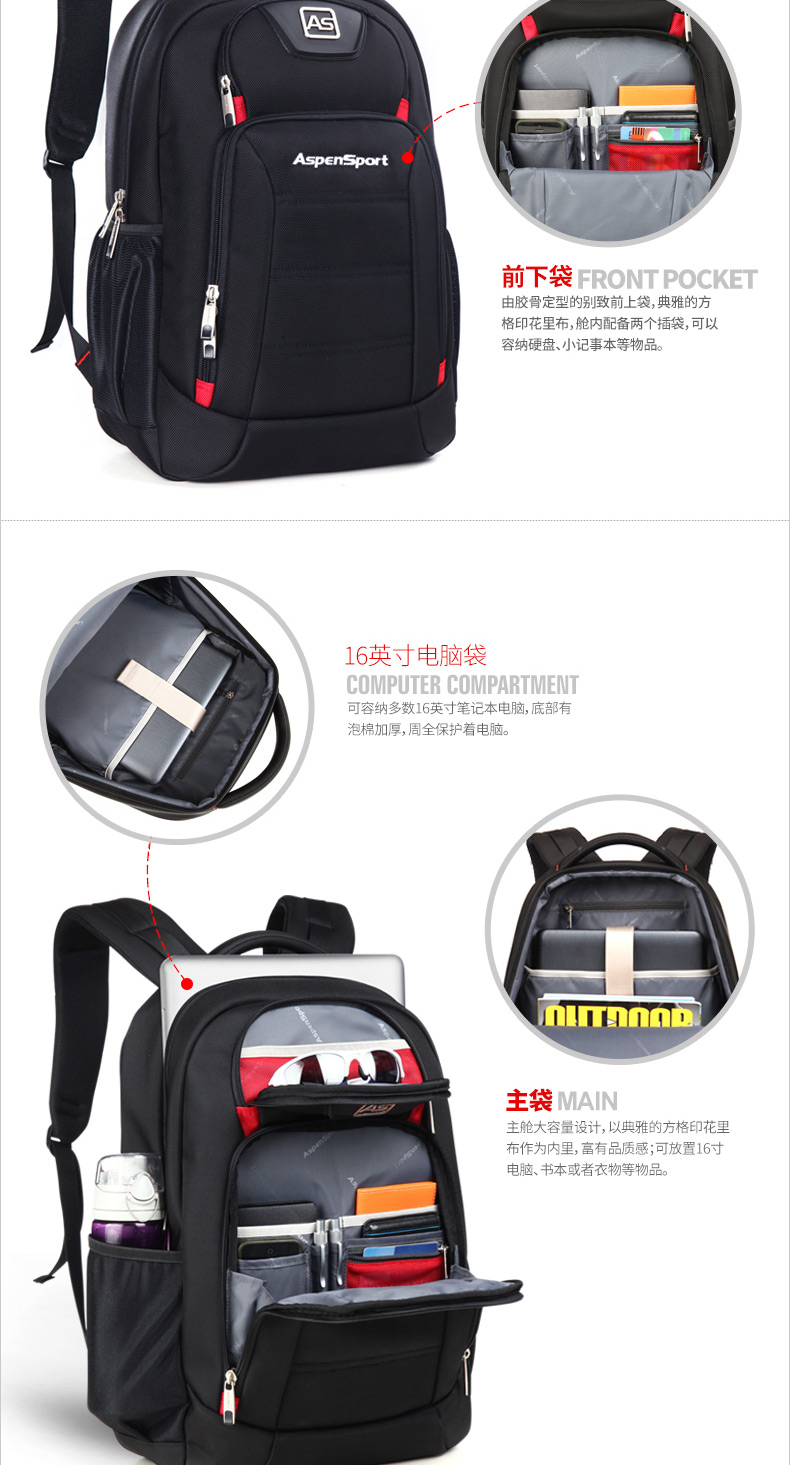 Aspensport กระเป๋าเป้ สะพายหลัง ชาย หญิง Laptop 15-16 นิ้ว รุ่น AS-B22 สีเทา แดง