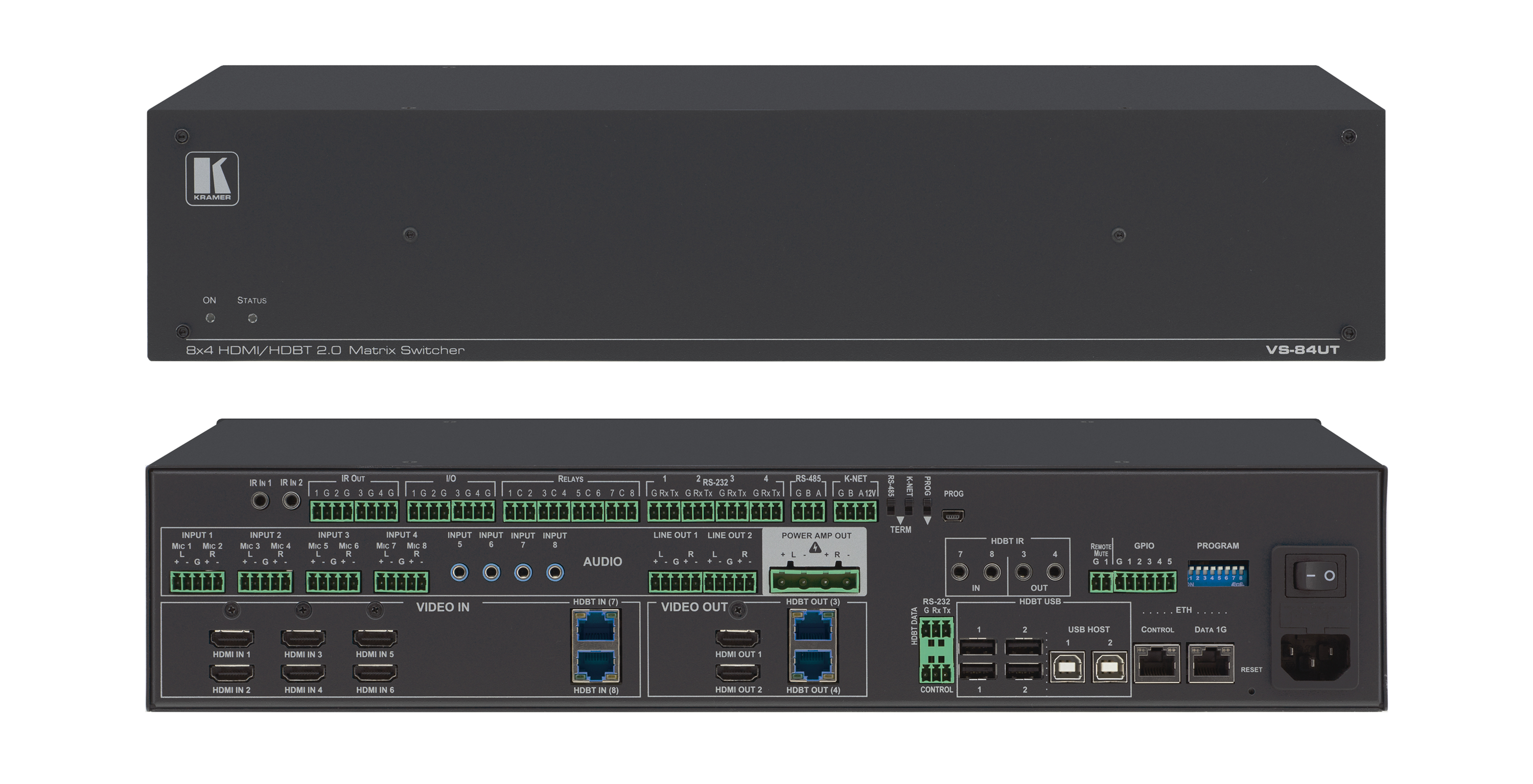 Kramer All–in–One Presentation System with 8x4 4K60 4:2:0 HDMI/HDBaseT 2.0 Matrix Switching, Master Room Controller, PoE & Power Amplifier
