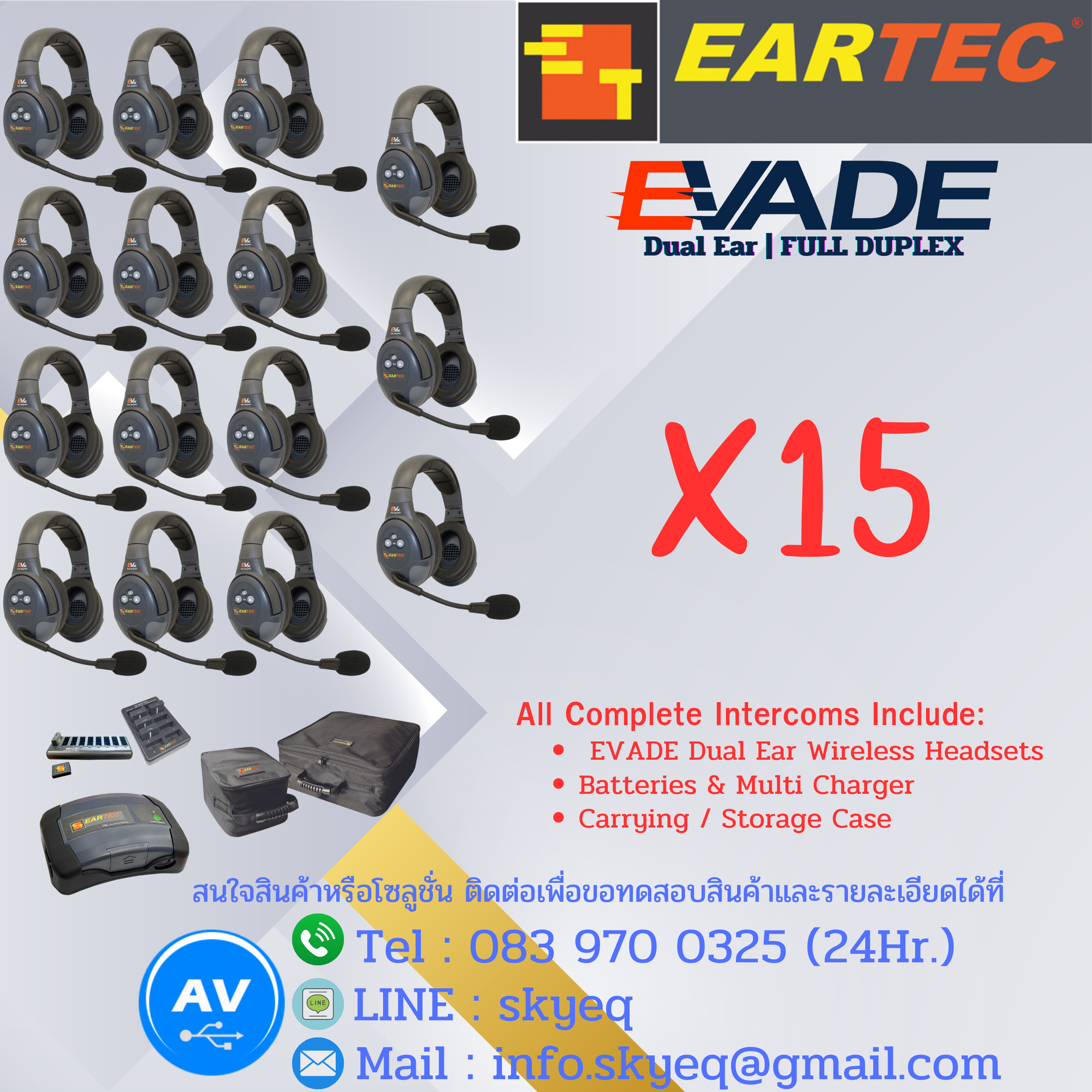 EVADE Double Channel Light Industrial Full Duplex Wireless System Dual Speaker Headsets – EVx15D-CM Four Double EVADE, One C-Mod, Batteries, Charger, Case