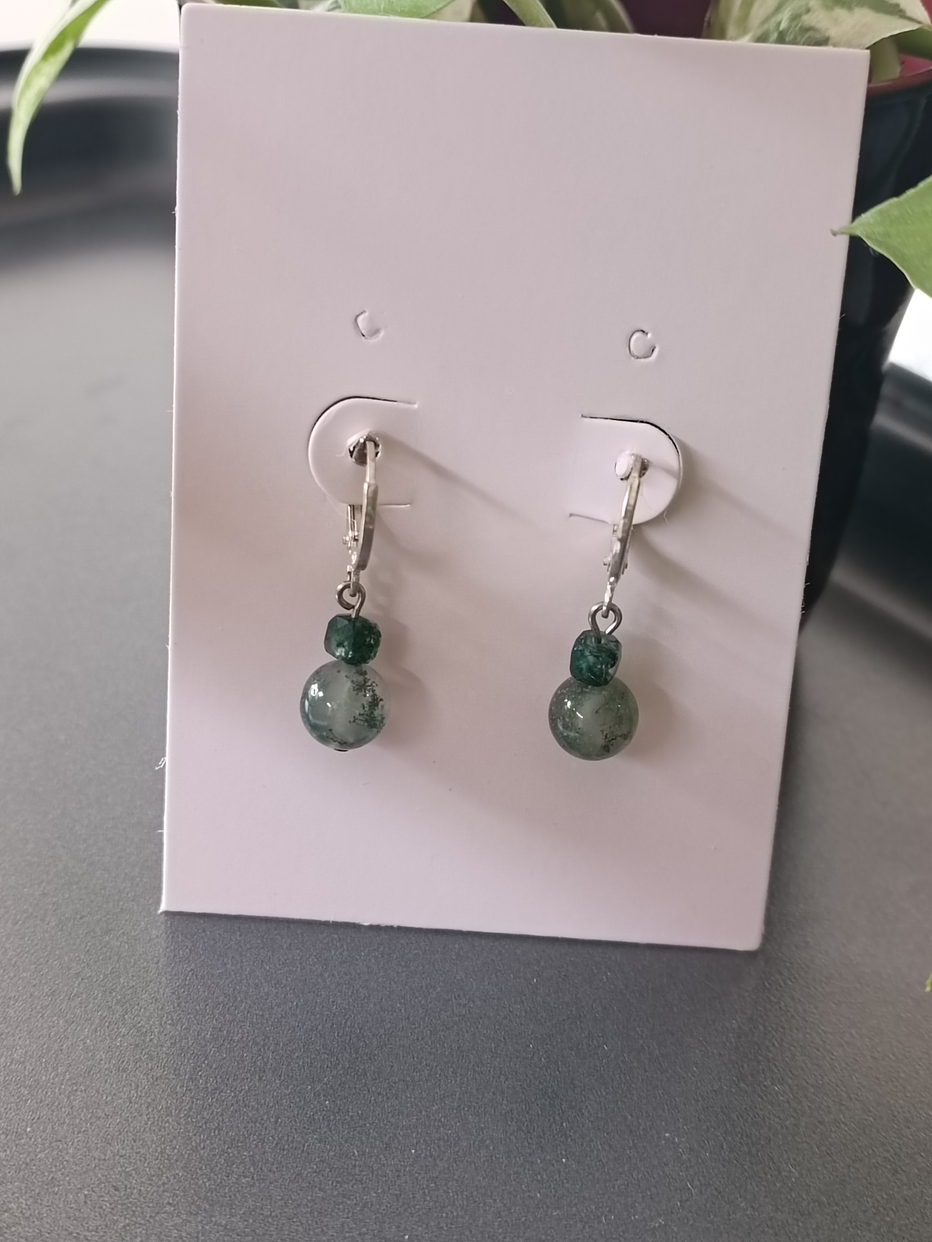 "Silver Hoop" ต่างหูเงินแท้92.5 ประดับ Moss Agate Earring,(สุขภาพแข็งแรง)