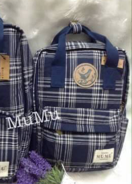 กระเป๋าเป้ผ้าสะพายหลัง mumu ขนาดเล็ก ลายสก๊อตน้ำเงินเทา (Size S)