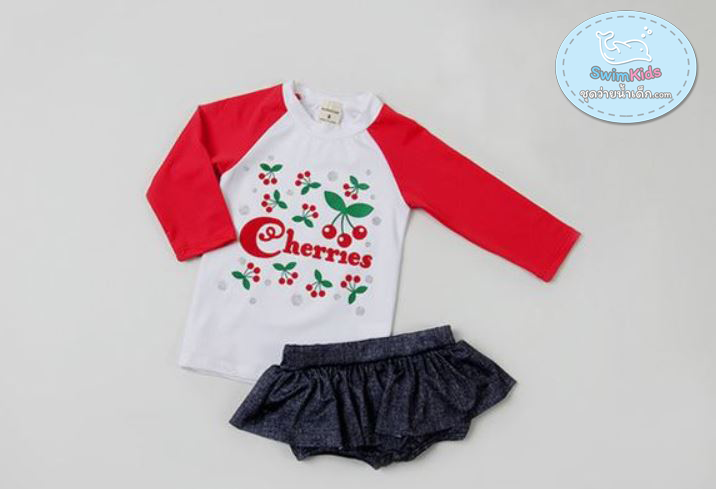 ชุดว่ายน้ำเด็กผู้หญิง ลายเชอรี่สีแดง Cherries แขนสามส่วน กระโปรงกางเกงลายยีนส์ ไม่มีหมวก