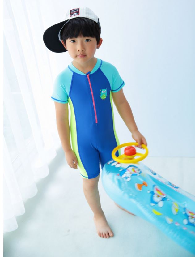 ชุดว่ายน้ำเด็กผู้ชาย bodysuit แขนสั้นขาสั้น ซิปหน้า สีน้ำเงิน พร้อมหมวก