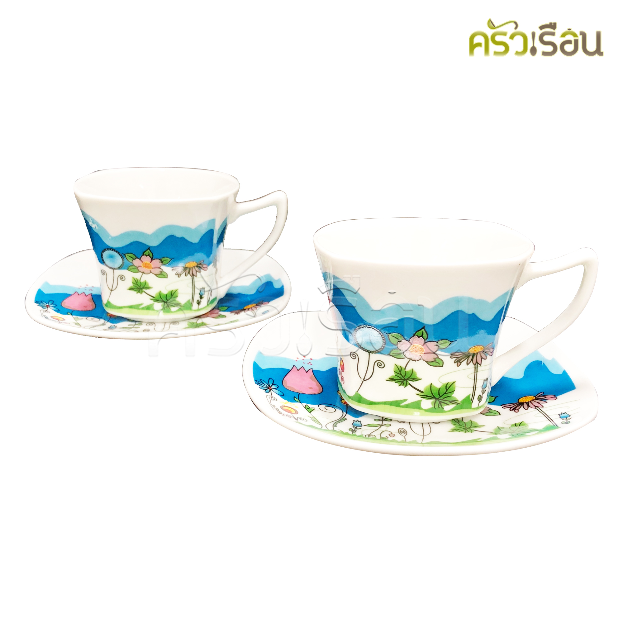 US แก้วกาแฟ + จานรอง เซรามิค รุ่นฮีโร่ 4 ชิ้น [ถ้วย 2 ใบ+จานรอง 2 ใบ]