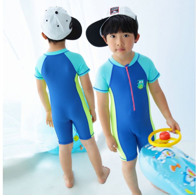 ชุดว่ายน้ำเด็กผู้ชาย bodysuit แขนสั้นขาสั้น ซิปหน้า สีน้ำเงิน พร้อมหมวก