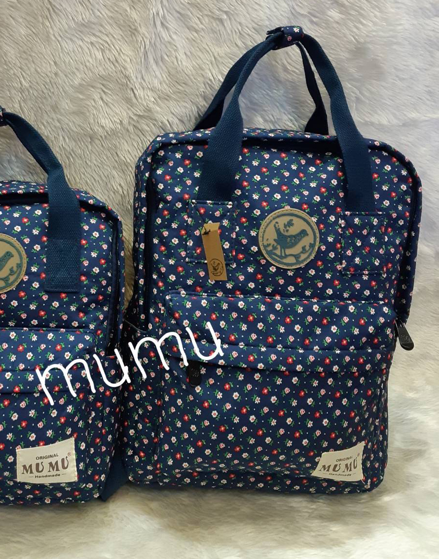 กระเป๋าเป้ผ้าสะพายหลัง mumu ลายดอกไม้ น้ำเงิน (Size L)