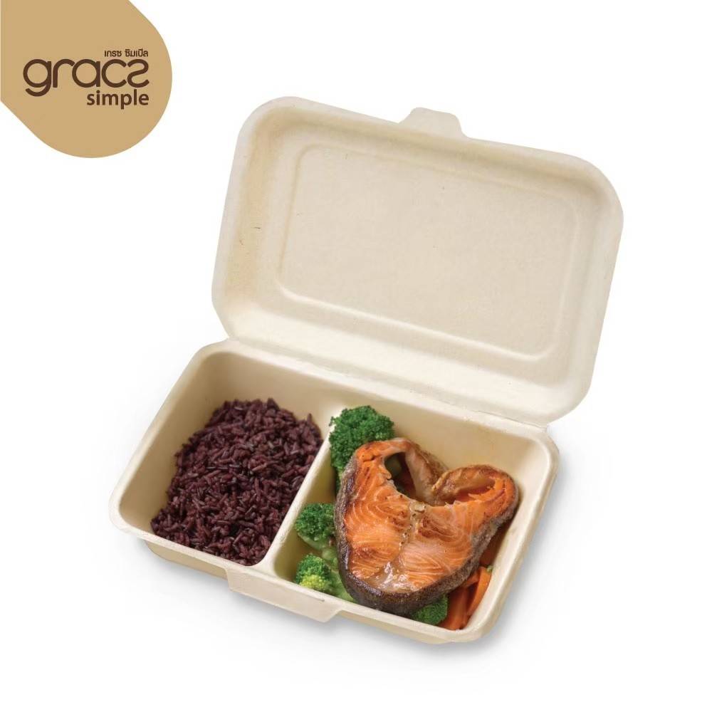 GRACZ กล่องอาหาร 2 ช่อง B002 ขนาด 1000 ml. 9 นิ้วแพ็ค 50 ใบ ไบโอชานอ้อย กล่องใสอาหาร ใส่ร้อนและเย็นได้