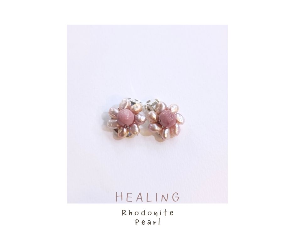 ต่างหูหนีบ (สำหรับคนไม่เจาะหู) ประดับหินแท้ Rhodonite + Natural Pearl Clip Earring (เสริมคลื่นพลังความรัก และการเยียวยา)