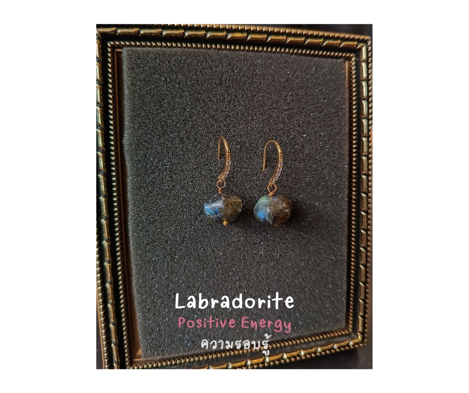 ต่างหู "14K" หินแท้ลาบาโดไลท์ Labradorite Earrings (กลับร้าย พลิกสถานการณ์ ปัดเป่าความไม่มงคล)