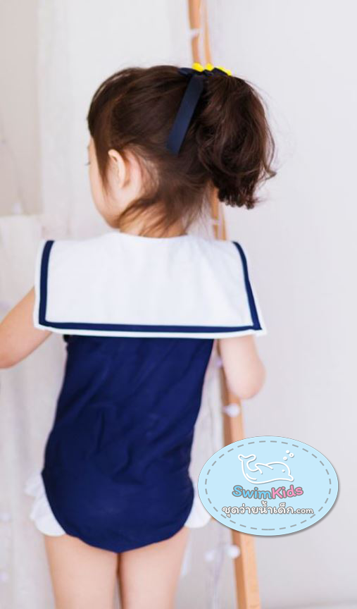 ชุดว่ายน้ำเด็กผู้หญิง สีน้ำเงิน-ขาว คอปกทหารเรือ พร้อมหมวก