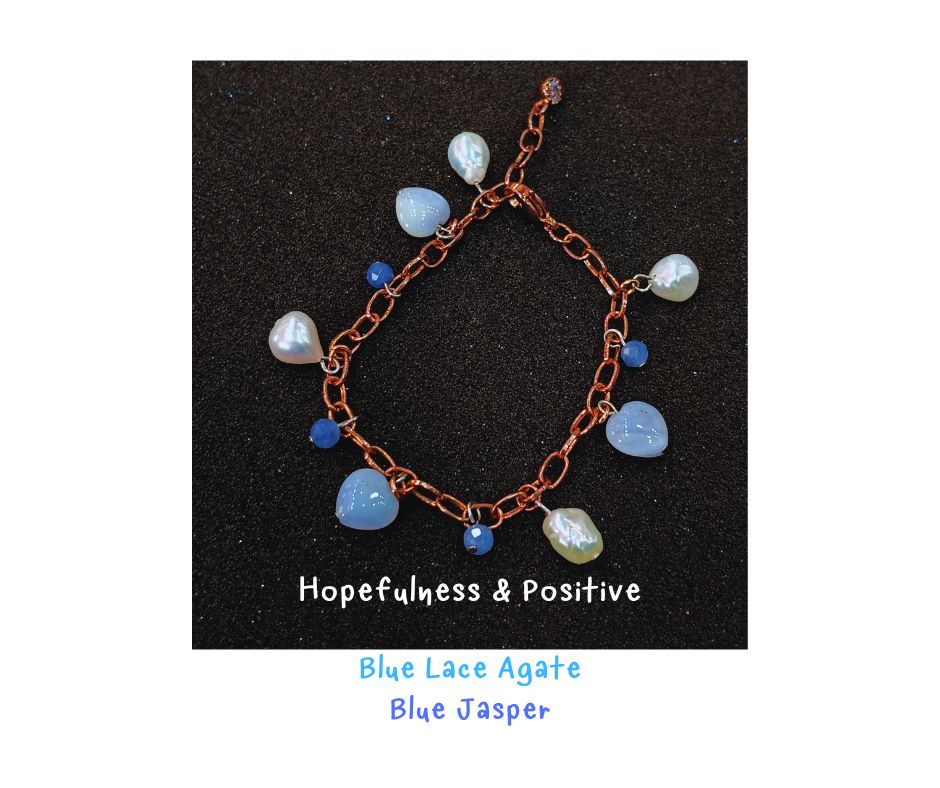 สร้อยข้อมือหินแท้ "Charmed" ฺBlue Lace Agate + Pearl Charm Bracelet (Intuition , Communication ,Love)