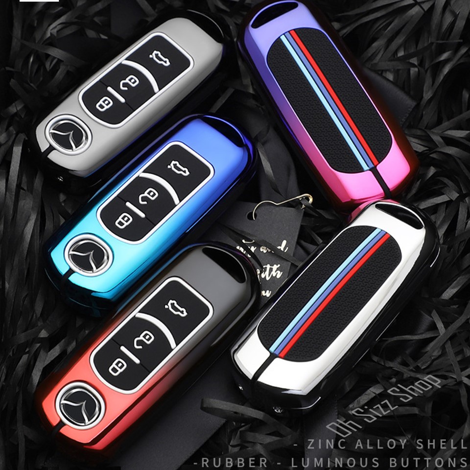 เคสโลหะรีโมทรถ MAZDA Smart Key สีไฮบริดสวยงาม ปุ่มเรืองแสง Alloy Full Package (Gradient Color Alloy Up Grade Fluorescence Silicone Push button Guard) Mazda Key Sets Mazda 3 แบบสมาร์ทคีย์ 2 และ 3 ปุ่ม