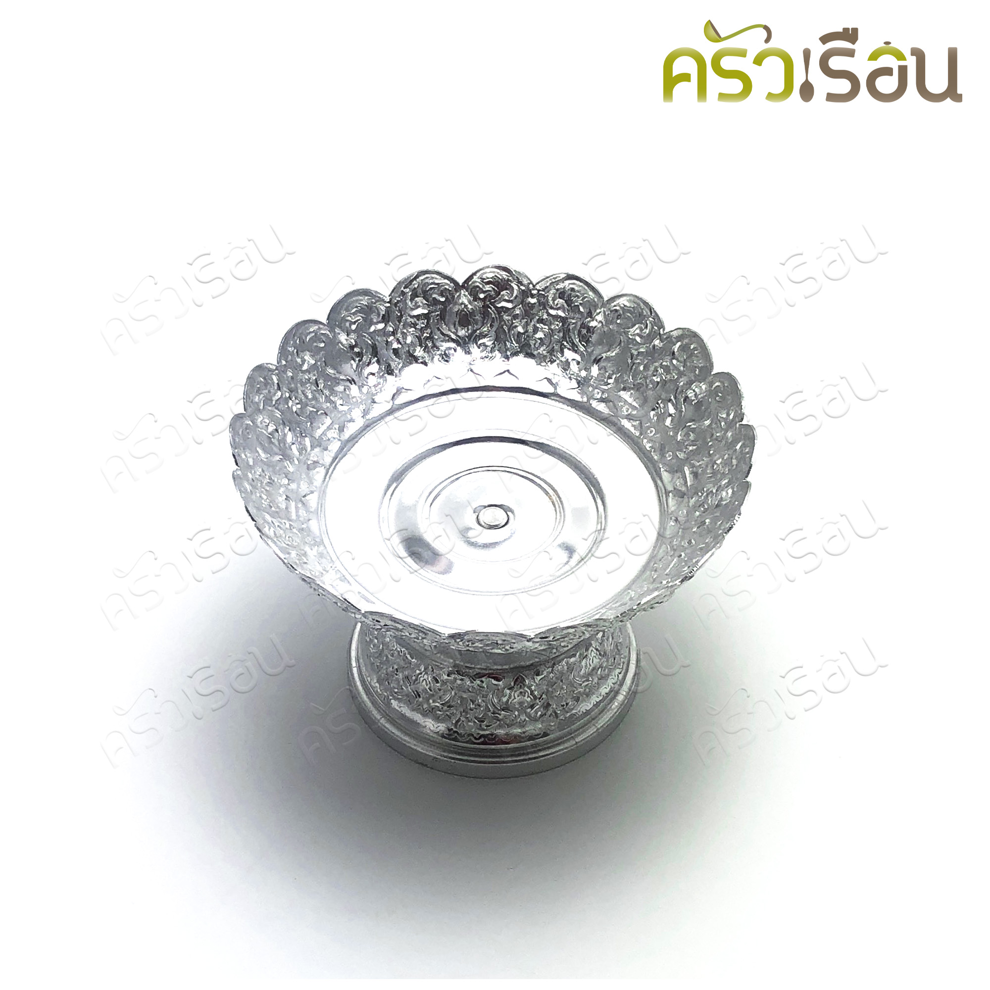 Aluminium Thai style water bowl with standing tray and Thai style Ladle, silver, top dimension 20 cm. ได้ทัพพีด้วย