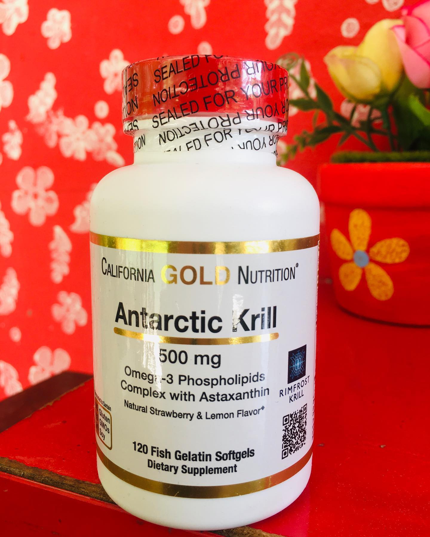 น้ำมันคริลล์ออย์ California Gold Nutrition, Antarctic Krill Oil, with Astaxanthin, RIMFROST, Natural Strawberry & Lemon 120 softgels