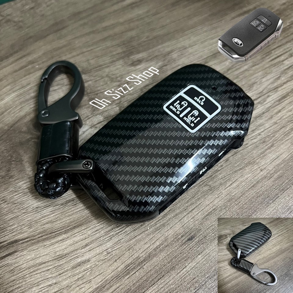 เคสรีโมทรถ KIA Carnival 2022 ลายเคฟล่า (ABS Key Cover Black Silicone Push button Guard) พร้อมพวงกุญแจ