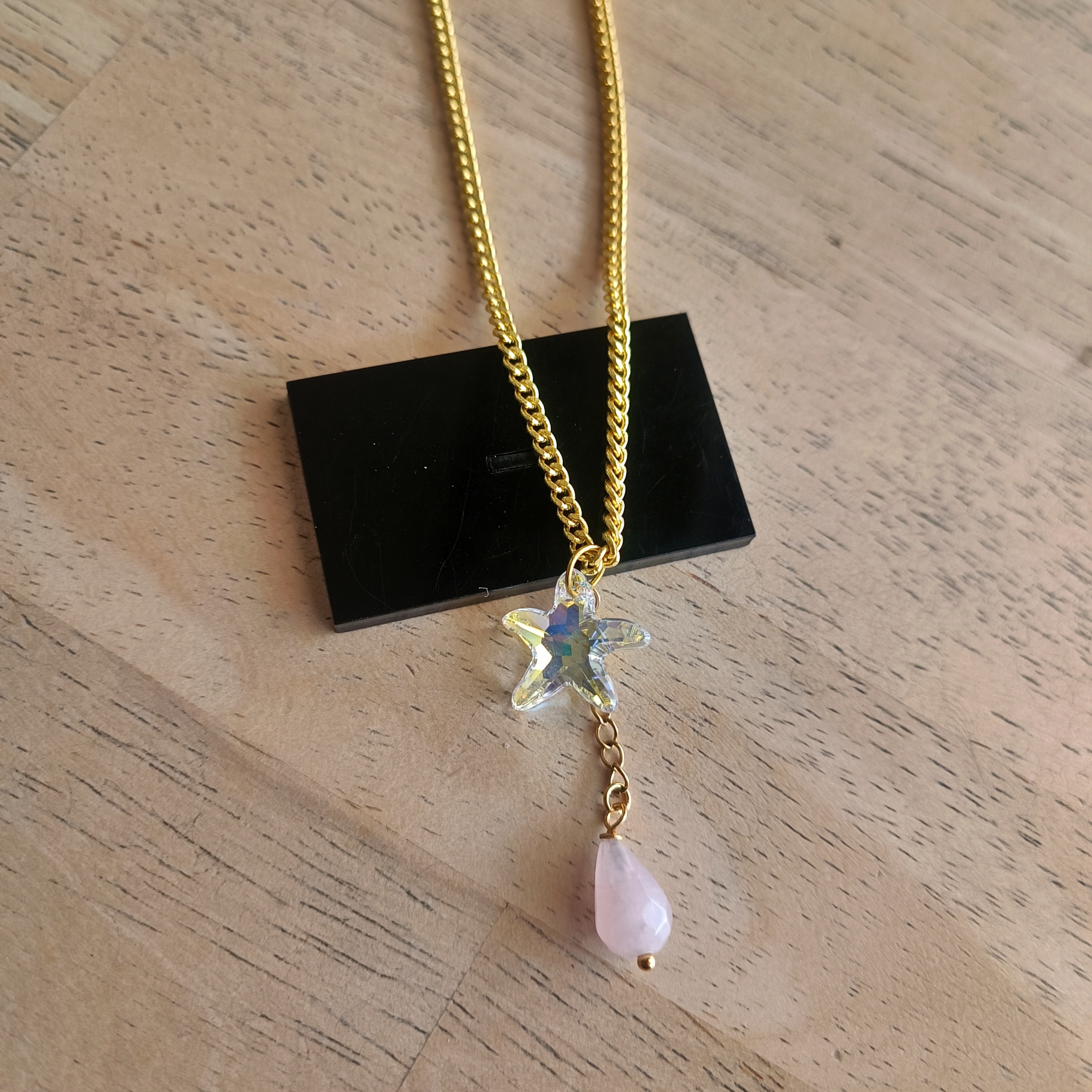 จี้พร้อมสร้อย หินแท้ Rose Quartz+ Crystal Starfish Necklace (ความรัก ความสำเร็จ )