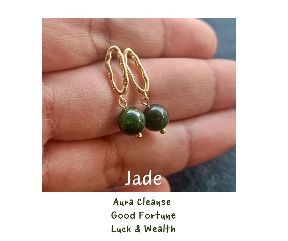 ต่างหู "14K" ประดับหยกแท้ Russian Jade Jewelry Earring (ร่ำรวย มั่งคั่ง)