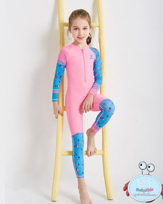 ชุดว่ายน้ำบอดีสูทแขนยาวขายาวซิปหน้าสีฟ้า แขนลายการ์ตูน ** รุ่นนี้ป้องกันรังสี UV Ultraviolet Protection UV 50 **