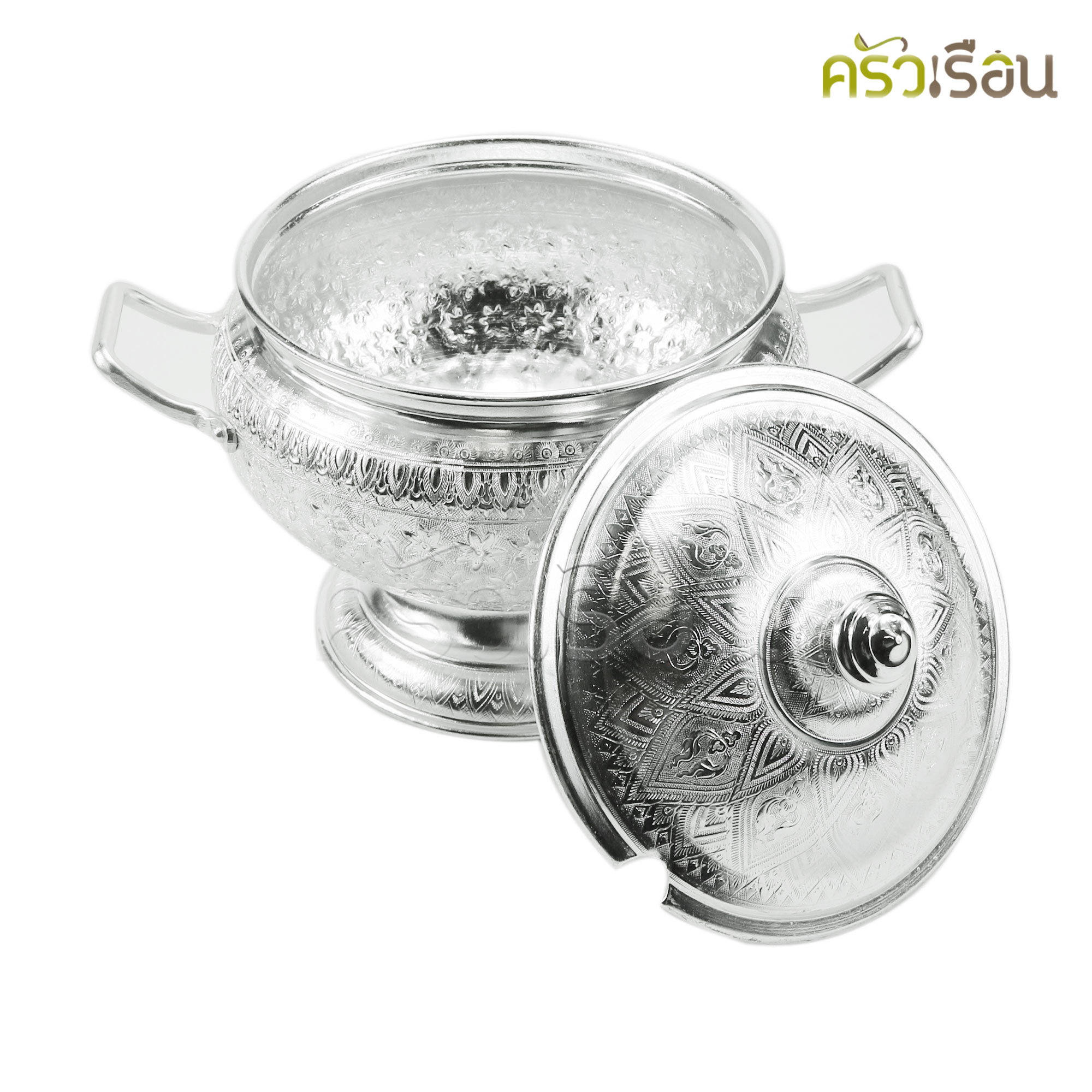 แมวน้ำ โถข้าวลายไทย - นูน 20 ซม. สีเงิน ลายอาจเหมือน หรือ ต่างจากภาพ คละลายไม่สามารถเลือกลายได้