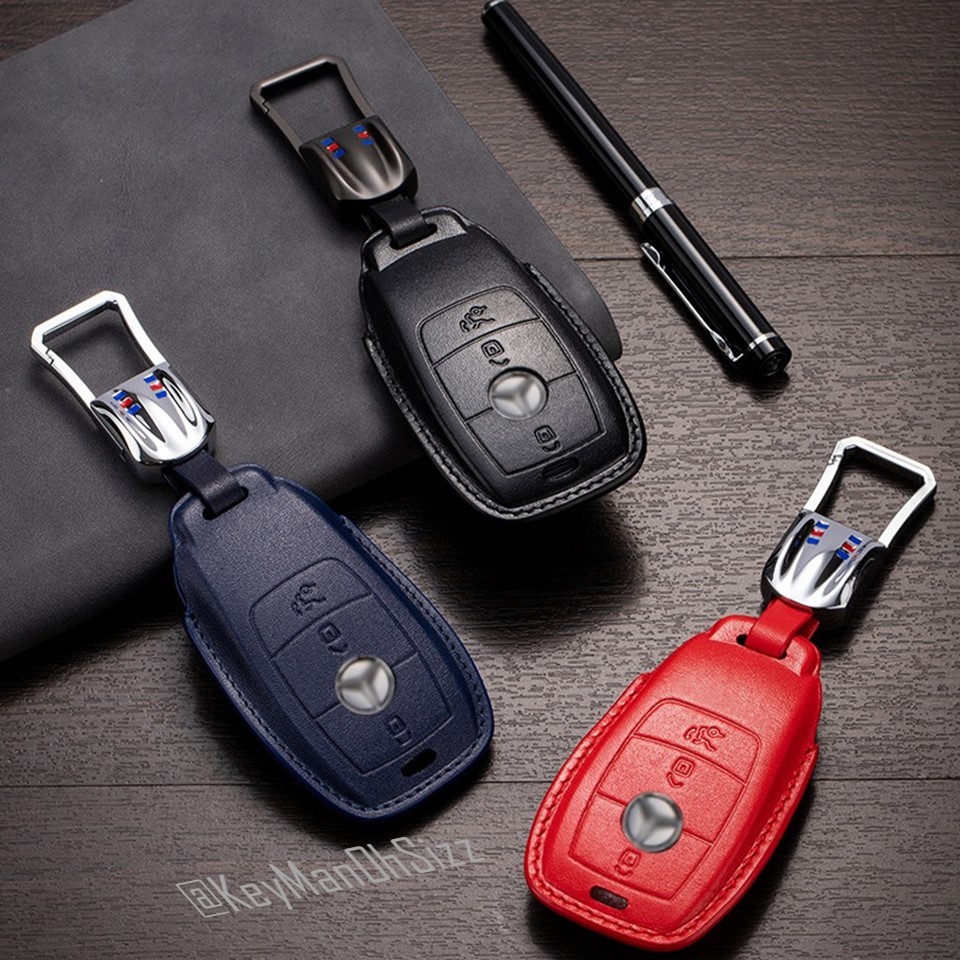 เคสรีโมทรถหนังแท้ Mercedes Benz 2021 งานหนังวัวแท้ พรีเมี่ยมเกรด Premium Grade XCULLER ทรงคลาสสิค (Luxury Leather Key Case Key Sets ; Key Sets E-Class , GLA และ GLC Car Key Sleeve Cover High-End