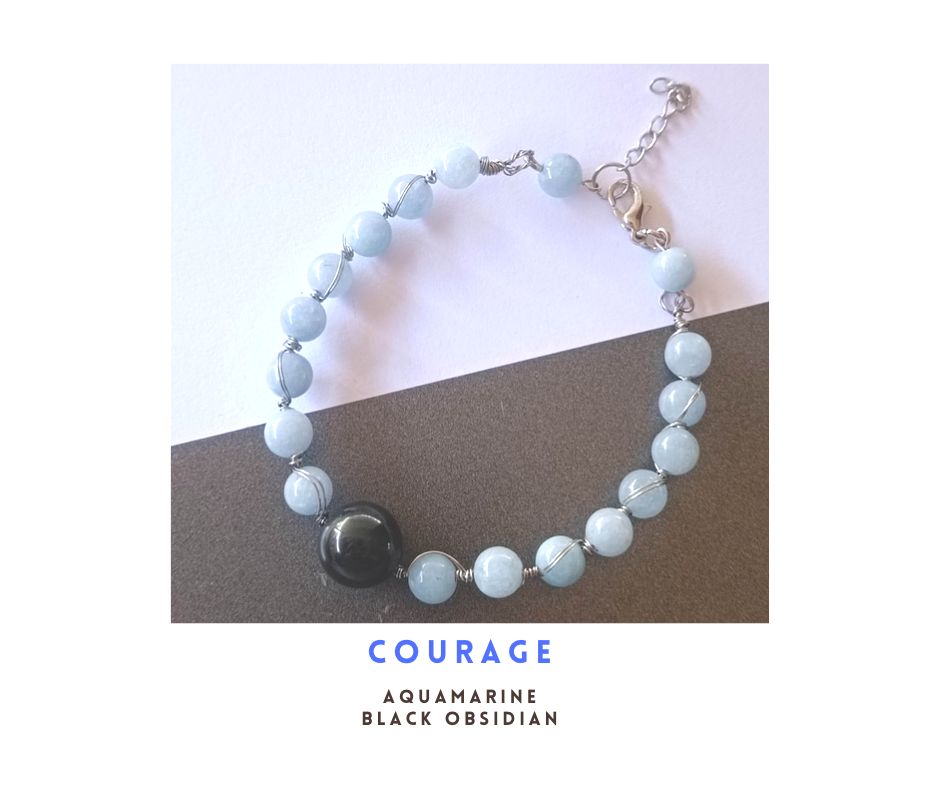 สร้อยข้อมือหินแท้ "Wire Wrapped" Black Obsidian+ Aquamarine Bracelet (เสริมความมั่นใจ เสริมพลังงานการสื่อสาร)